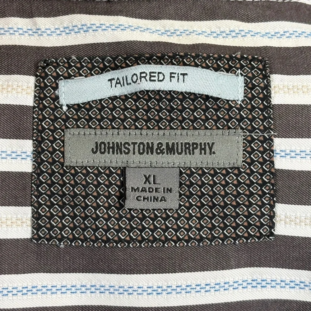 Johnston & Murphy Mens XL Tailored‎ Fit Brown White Blue Striped Button Down